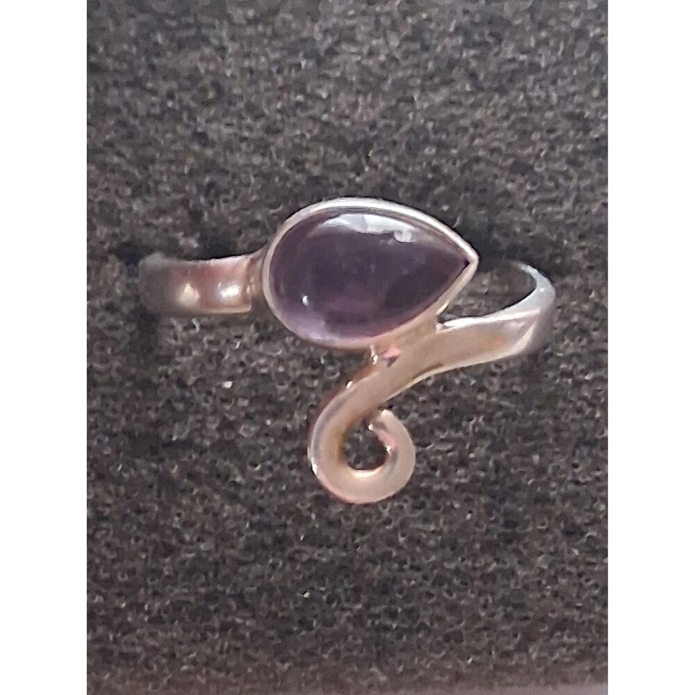 Amethyst cabochon teardrop bezel-set, sterling silver ring, bypass ring, size 7.
